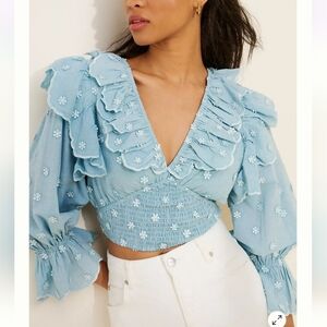 Anthropologie Hannah Lynn Blue Chambray Embroidered Smocked Crop Top, Size XL